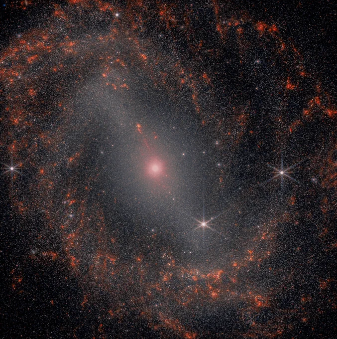 NIRCam captures the detailed structure of NGC 5643, a spiral galaxy with a bright core and prominent spiral arms. The image highlights the instrument's ability to resolve dust lanes and star formation regions, as well as the diffraction patterns of foreground stars.