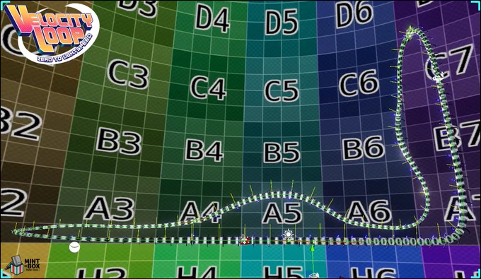 Editor screenshot from the in development video game Velocity Loop, Zero To Lightspeed. Showing a full side view of the backend race track editor feature which has a race track in the shape of a familiar coaster to pay homage, the editors anchor points and normals are visible in the default skybox level.