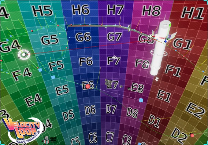 Editor screenshot from the in development video game Velocity Loop, Zero To Lightspeed. Showing a wireframe view of the backend race track editor feature which shows the Tentourus Speedway course, the editors anchor points and normals are visible in the default skybox level.