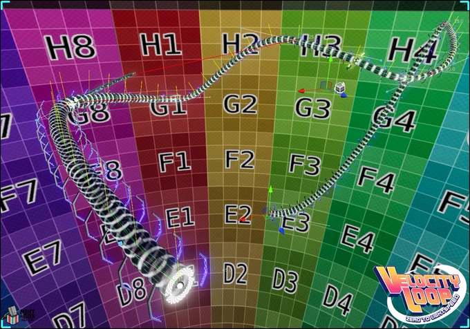 Editor screenshot from the in development video game Velocity Loop, Zero To Lightspeed. Showing a full view of a non looping open race course showing off the versatility and teasing a race rack type in the  backend race track editor feature, course is a mish mash of waves and  the editors anchor points and normals are visible in the default skybox level.