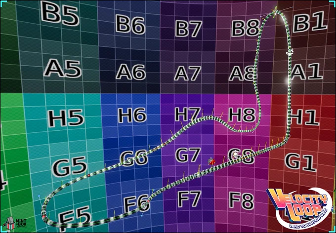Editor screenshot from the in development video game Velocity Loop, Zero To Lightspeed. Showing a full view of the backend race track editor feature which has a race track in the shape of a familiar coaster to pay homage, the editors anchor points and normals are visible in the default skybox level.