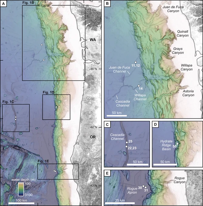 Color map of central-northern Cascadia, which lies offshore Oregon and Washington, USA, with insets showing various areas of the study in more detail.