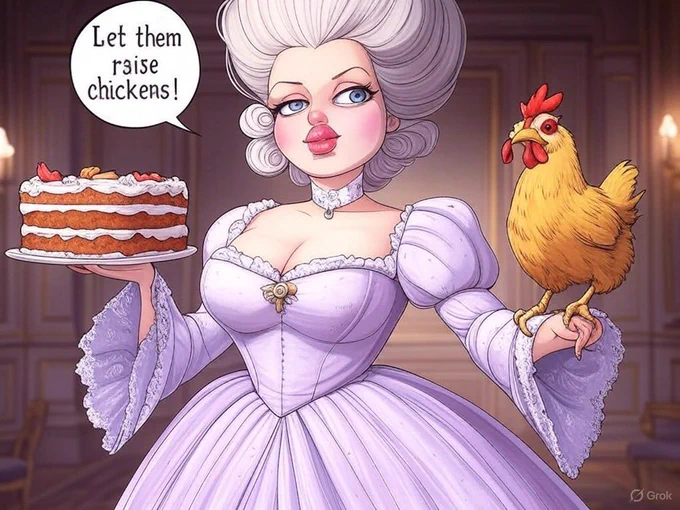 Cartoon of a noticed and buxom Marie Antoinette holding a cake in one hand and a chicken in the other with a speech bubble “Let them raise chickens!”