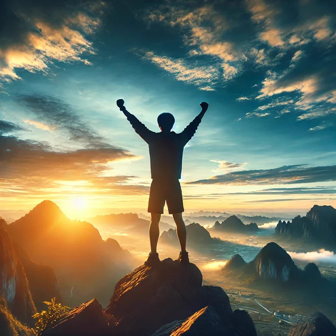 A person standing on top of a mountain, arms raised – Symbolizing achievement and visualizing success.