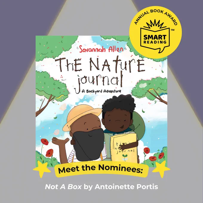 [id: Book cover of "The Nature Journal" on a purple background and under a spotlight. The SMART Book Award logo is in the top right of the book cover and there is text under the book cover that says "Meet the Nominees: The Nature Journal by Savannah Allen."]