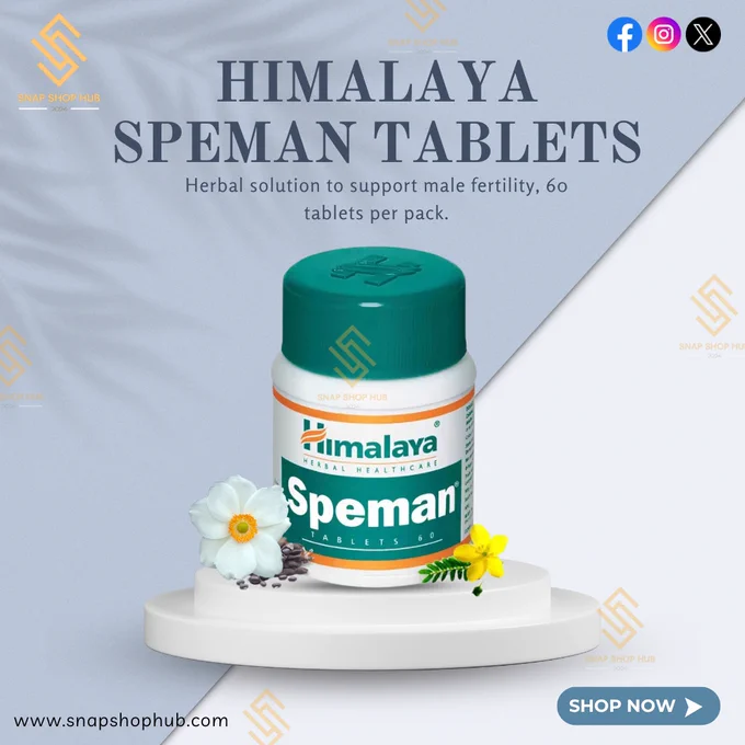 An image of a bottle of Himalaya Speman Tablets Herbal Male Infertility (60tab) Tablets. The bottle is white with a green cap and the Himalaya logo at the top. The label on the bottle features the product name 'Speman' in bold letters, highlighting its use for enhancing male fertility. The background is clean and minimal, drawing attention to the product. Below the bottle, there's text promoting the product's key benefits: improving sperm count and quality, enhancing sexual performance and libido, and supporting overall reproductive health. The text also mentions that the product is 100% herbal and safe. The post encourages viewers to purchase the product from Snap Shop Hub, with a call-to-action to visit the link in the bio for more information and to shop. Various hashtags related to health, wellness, and herbal supplements are included at the bottom of the post.