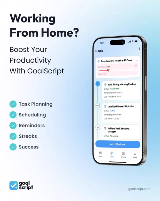 an illustration showing a screenshot from the goal planner app, GoalScript, and a checklist of tasks it automates.