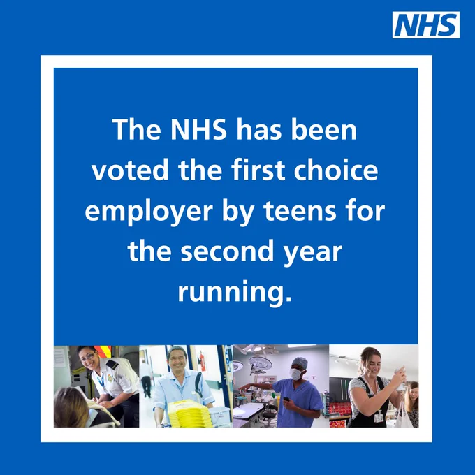 Text: The NHS has been voted the first choice employer by teens for the second year running.

Image: collage of NHS staff
