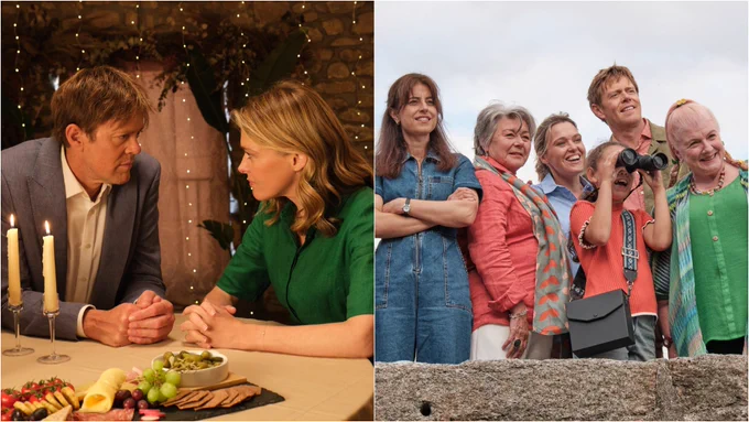Left: A man and woman sit at a dinner table, looking into each other's eyes. Right: A group of people stand on a wall surrounding a child who holds a pair of binoculars