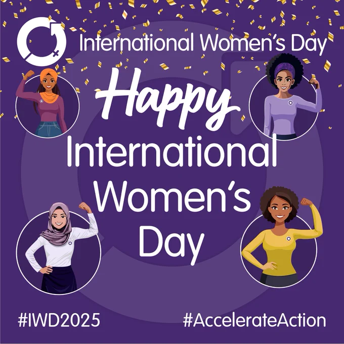 International Women's Day graphic with a purple background and 4 graphics of female-identifying persons depicted from different cultures and ethnicities. The words #AccelerateAction are pictured at the bottom right. Along with a hashtag that reads #IWD2025 on the bottom left
