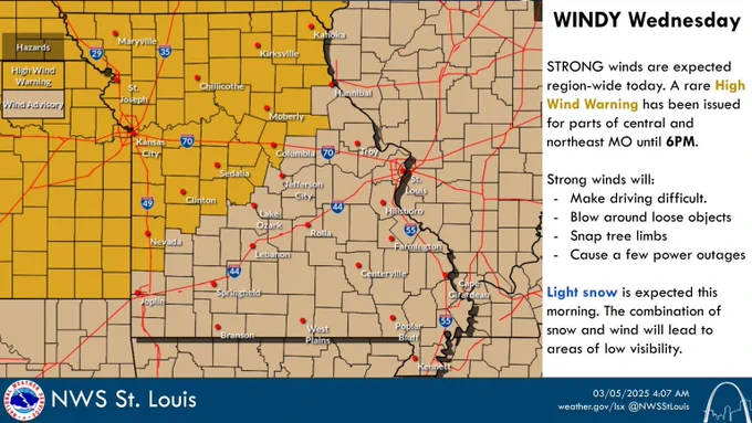 A map shows the High Wind Warning and Wind Advisory across the area.