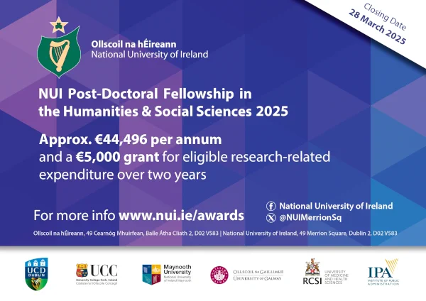 Graphic depicting information on the NUI Post-doctoral fellowship in the Humanities and social sciences. 