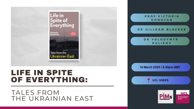 Event poster for 'Life in Spite of Everything: Tales from the Ukrainian East' with a photo of the book cover. 