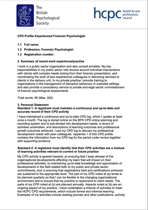Screenshot of a sample profile for an experienced forensic psychologist. The HCPC logo is in the top right and the British Psychological Society logo is top left. 