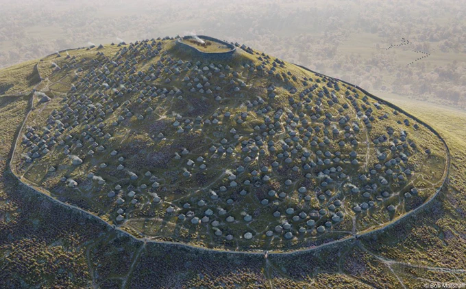 Reconstructed digital image of a large hillfort with hundreds of structures surrounded by a wall