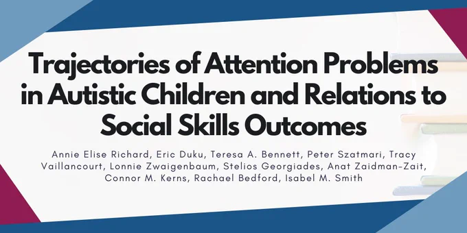 The study title reads, "Trajectories of attention problems in autistic children and relations to social skills outcomes". The study authors include Annie Elise Richard, Eric Duku, Teresa A. Bennett, Peter Szatmari, Tracy Vaillancourt, Lonnie Zwaigenbaum, Stelios Georgiades, Anat Zaidman-Zait, Connor M. Kerns, Rachael Bedford, and Isabel M. Smith.