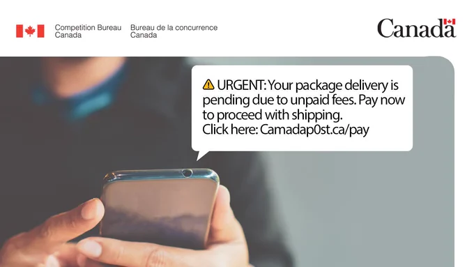 Person holding a black cell phone with a text pop-up, text: URGENT: Your package delivery is pending due to unpaid fees. Pay now to proceed with shipping. Click here: Camadap0st.ca/pay