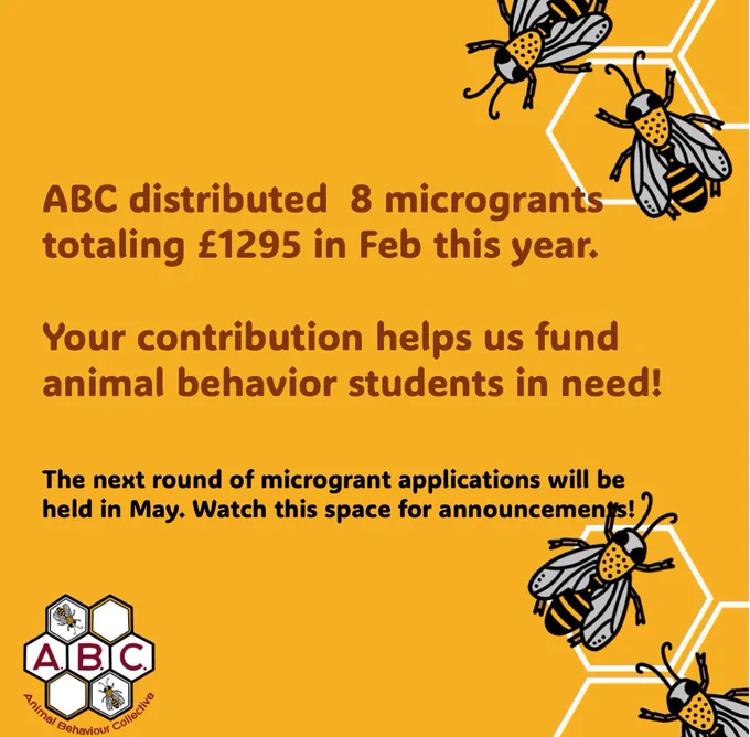 ABC distributed 8 micro grants this year totaling 1295 gbp. Your contribution helps us fund animal behavior students in need. Next round of applications will open in May. 