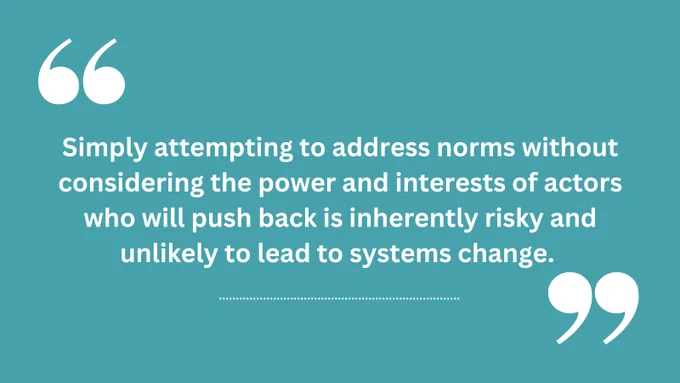 'Simply attempting to address norms without considering the power and interests of actors who will push back is inherently risky and unlikely to lead to systems change.' 