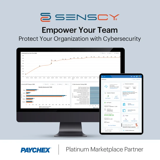 Advertisement for SensCy featuring a desktop monitor and a tablet displaying cybersecurity graphs and data analytics, with the SensCy logo and the text 'Empower Your Organization with SensCy Security'.