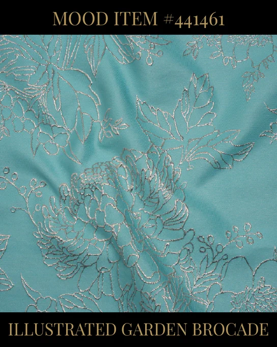 Premium Metallic Brocade fabric in light turquoise and gold with an Illustrated Garden motif. Perfect for luxury fashion and statement designs. Available at Mood Fabrics.

