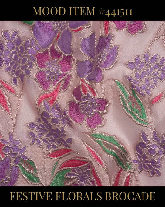 Vibrant Metallic Burnout Brocade in purple, pink, and rose gold with Festive Florals. Perfect for premium fashion and eveningwear from Mood Fabrics.
