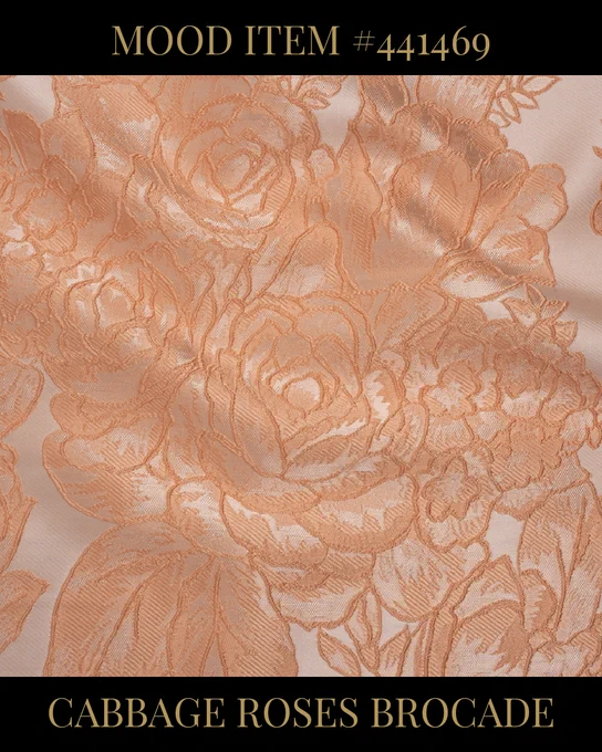 Chic Polyester Brocade in soft peach with Cabbage Roses patterns. A stylish, budget-friendly luxury fabric for fashion and decor from Mood Fabrics.
