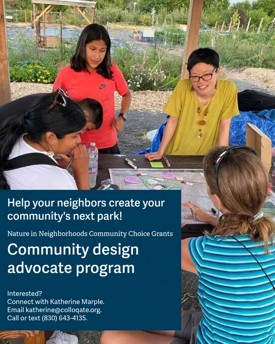 Five individuals engage in a community event under a shelter at a park. Text promotes joining the community design advocate program.