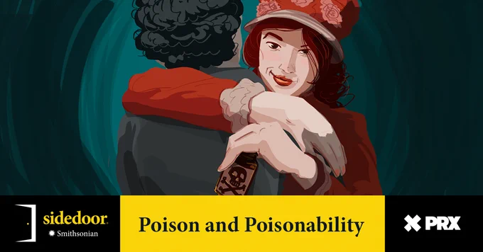 A digital illustration depicts a woman in a red outfit hugging a person with curly black hair. She wears a red hat adorned with pink roses and has a sly smile on her face. Her eyes are focused beyond the person she is embracing. In her hand, hidden from the person she is hugging, she holds a small glass bottle with a skull and crossbones symbol, suggesting poison. The background has a dark, swirling teal hue, adding to the ominous and suspenseful mood of the image.