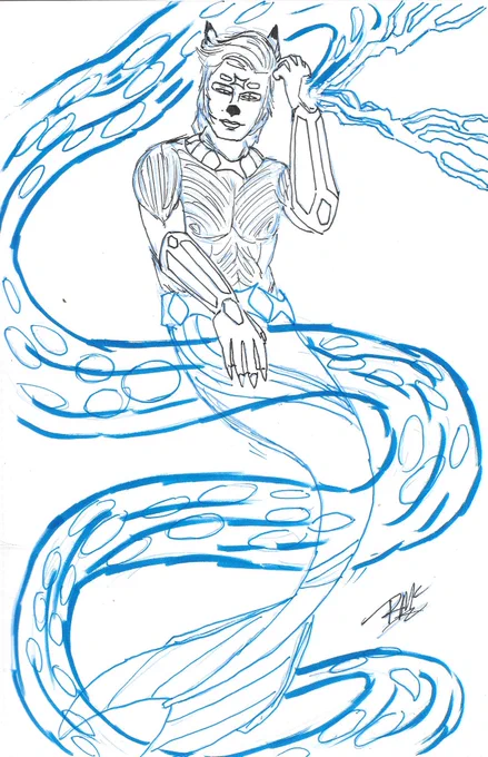 Arashi'Ken in his Mer-Lobani forme, where it seems he's whipping up a storm, usually a tidal wave or hurricane.
