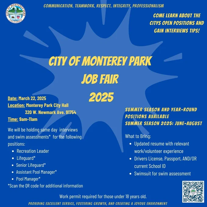 City of Monterey Park Job Fair flyer for March 22, 2025, listing job openings, event details, and required documents. Includes a QR code for more info.
