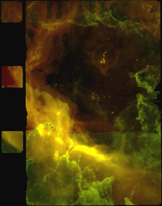 A MIRI (Mid-Infrared Instrument) image of the Westerlund 2 star-forming region featuring a complex nebula with bright yellow and green emission, revealing intricate structures and dark areas. The image is presented in a mosaic format with separate panels.