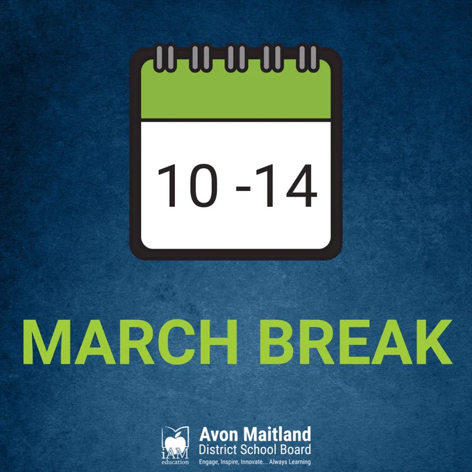 Illustration of a calendar page with numbers 10-14. Text: March Break on blue textured background.