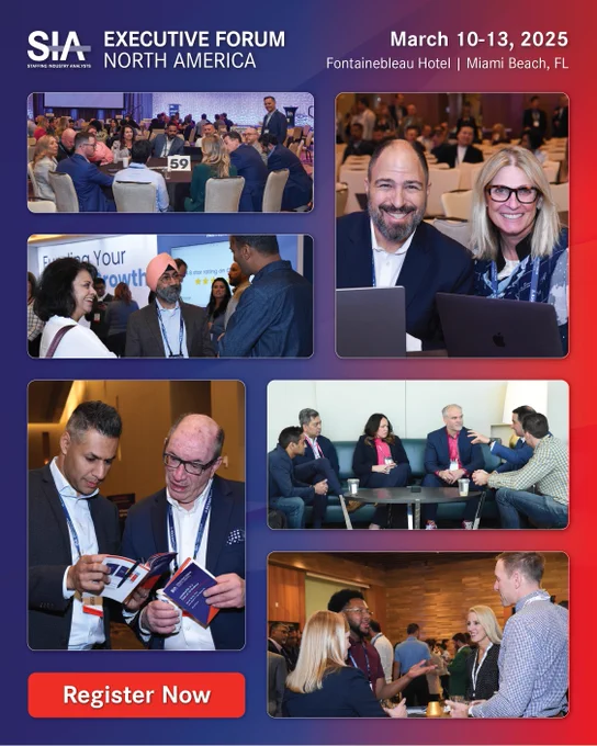 This is the last week to pre-register for Staffing Industry Analysts' (SIA) annual Executive Forum! 

In addition to live sessions and thought-provoking keynotes, the Forum offers plenty of opportunities for networking, engagement, and discussion.

🔆 Facilitated Networking Roundtables
From driving sales, to recruiting, compliance, technology, key segments and more, attendees will share insights and learn from their peers.

🔆 Welcome Reception
Get into the full swing of the Forum with an all-attendee welcome reception complete with food, drinks, and meaningful connections.

🔆 Executive Forum Exhibit Hall
Head to the ideal place for connecting with peers as well as gaining insights into the latest solutions and offerings from our 95 sponsors.

🔆 Networking Meals and Breaks
Enjoy breakfast, lunch and breaks between sessions inside as well as just outside the Executive Forum Exhibit Hall, interacting with new and old friends.