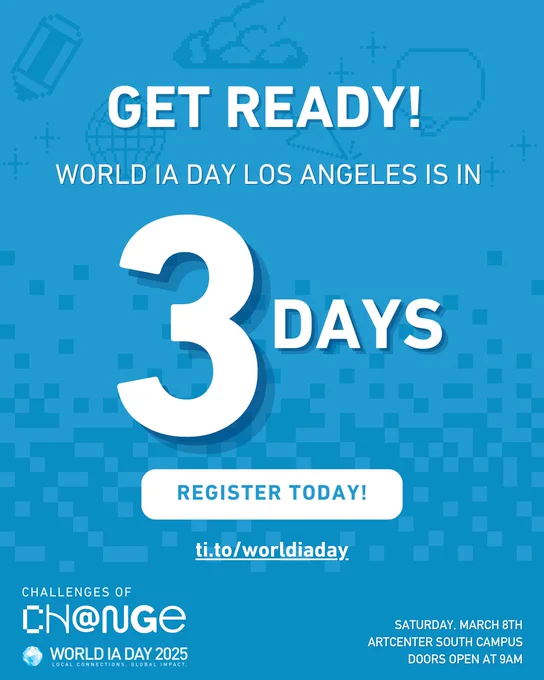 World IA Day Los Angeles countdown with Get Ready! World IA Day Los Angeles is in 3 Days in large text. Includes Register Today button and event details: March 8th, ArtCenter South Campus, 9 AM.