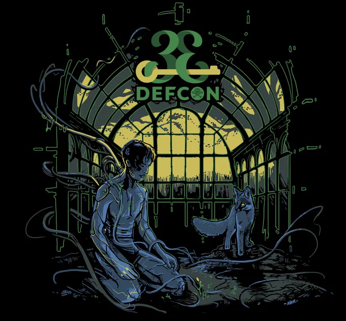 Image with the DEF CON 33 logo and a figure tending a wild flower in the ruins of a walled garden