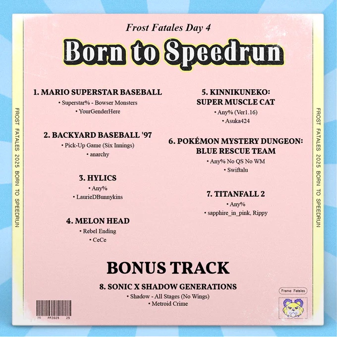 Born to Speed run tracklist with text that reads:

1. Mario Superstar Baseball
• Superstar% - Bowser Monsters
• YourGenderHere

2. Backyard Baseball '97
• Pick-Up Game (Six Innings)
• anarchy

3. Hylics
• Any%
• LaurieDBunnykins

4. Melon Head
• Rebel Ending
• CeCe

5. KinnikuNeko:
Super Muscle Cat
• Any% (Ver1.16)
• Asuka424

6. Pokémon Mystery Dungeon:
Blue Rescue Team
• Any% No QS No WM
• Swiftalu

7. Titanfall 2
• Any%
• sapphire_in_pink, Rippy

BONUS TRACK
8. Sonic X Shadow Generations
• Shadow - All Stages (No Wings)
• Metroid Crime
