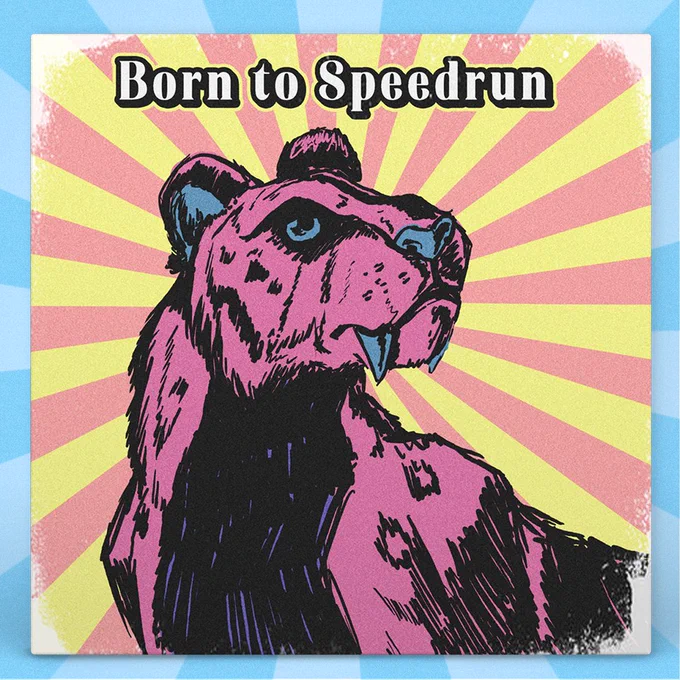 Faith staring to the side in front of a pink and orange starburst background with text that reads: Born to Speedrun