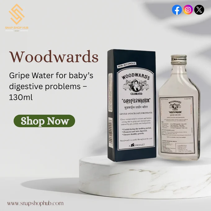 A photo of Woodward's Gripe Water bottle, placed on a wooden surface. The bottle is clear with a white cap, and the label reads 'Woodward's Gripe Water for Baby’s Digestive Problems – 130ml' in bold letters. The background features a cozy, homey setting with soft, warm lighting that gives a comforting feel. The caption on the post reads, ‘💧👶 Woodward's Gripe Water – Now Available at Snap Shop Hub! 👶💧’. Below, it highlights the product’s benefits, such as effective relief from gas and colic, natural ingredients, and being alcohol-free. There’s also a small section on how to use the product and a note that it is available exclusively at Snap Shop Hub. The post ends with hashtags: #Woodwards #GripeWater #SnapShopHub #BabyCare #Parenting #ColicRelief #NaturalRemedies #HappyBaby. There is also a disclaimer reminding parents to follow dosage instructions and consult their pediatrician if symptoms persist.