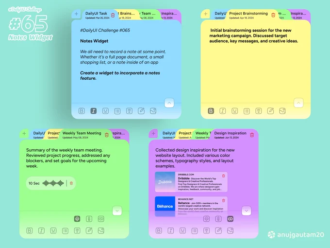 "Challenge #065 complete! 📒💼

Check out my Notes Widget with voice memos, embedded links, and a clean, colorful design. Perfect for all project notes, to-do lists, and creative ideas!"

#DailyUI #NotesApp #ProductDesign #DesignInspiration