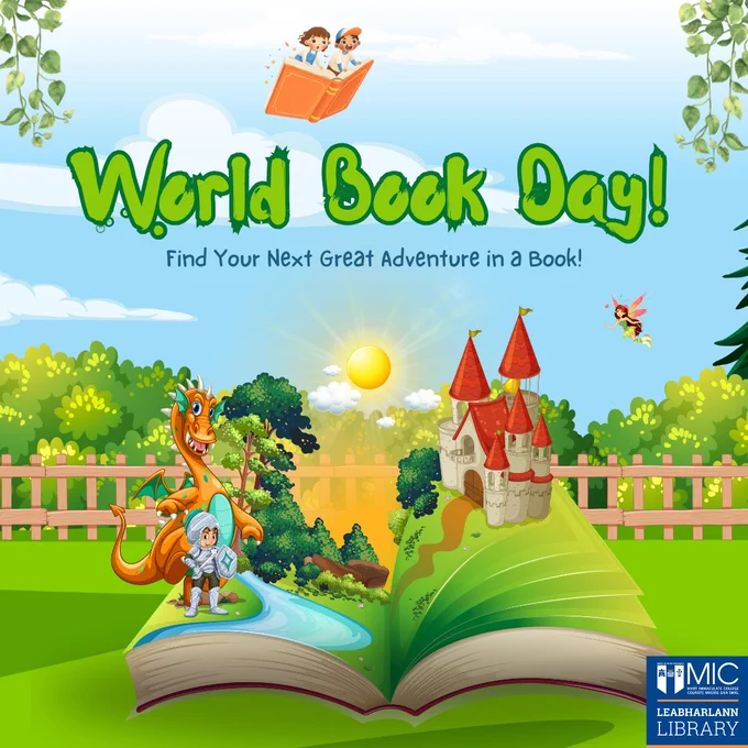 Image is a graphic of an open book with fairytale elements coming out of it. It is in a garden with the caption 'Find Your Next Adventure in a Book!" with a shining sun, two children flying in the sky on a large book and the blue Library logo in the bottom right corner.