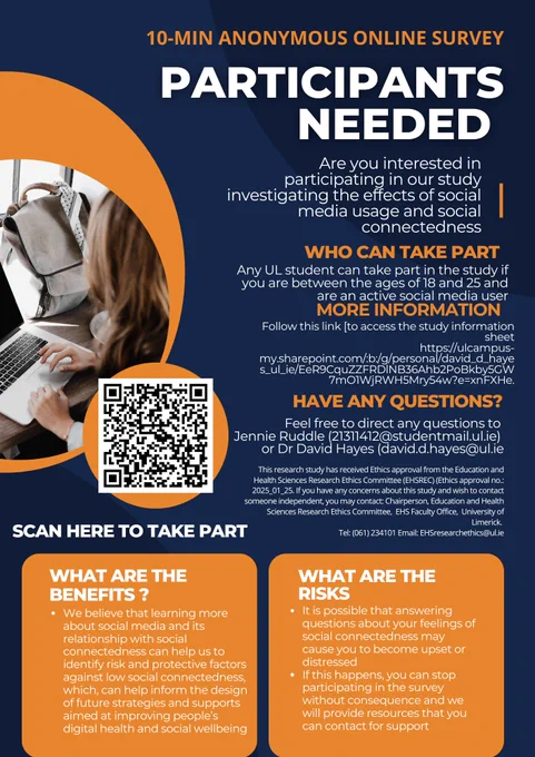 Poster recruiting participants for a study Examining the links between social media and social connectedness: An online survey of young adults. There is a QR code which will bring participants to the study and information on the benefits and risks of participation. These can be found on the information sheet at https://tinyurl.com/2upadfs7
