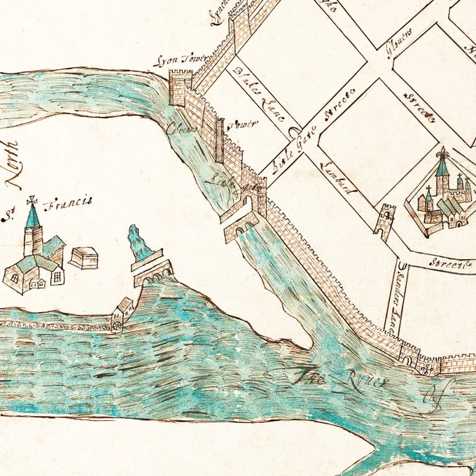 Extract from 1626 Plot map of Galway. Parts of the river, town walls, churches, street pattern are shown. Courtesy of the Board of Trinity College and appears in IHTA no. 28 Galway/Gallimhe (Dublin, 2016) by Jacinta Prunty and Paul Walsh. 