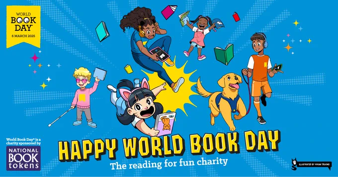 An energetic illustration of children with books ad audiobooks in a comic book style, plus the words: "Happy World Book Day - the reading for fun charity".