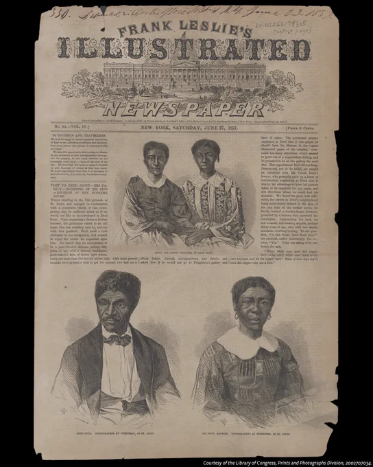 Cover of an 1870 edition of Frank Leslie's Illustrated Newspaper featuring illustrations of two individuals. The top illustration shows a portrait of their daughters, Eliza and Lizzie. The bottom left illustration shows a portrait of Dred Scott after a photograph by Fitzgibbon of St. Louis. The bottom right portrait shows a portrait of Harriet Scott after a photograph by Fitzgibbon of St. Louis.