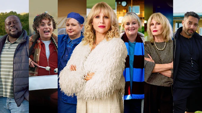 A collage of images of the cast of Amandaland. Left to right - JJ (Ekow Quartery), Fi (Rochenda Sandall), Della (Siobhan Mcsweeney), Amanda (Lucy Punch), Anne (Philippa Dunne),Mal (Samuel Anderson)