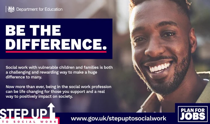 A smiling man with short curly hair and a well-groomed beard is featured in the image, illuminated by warm sunlight. To the left, a dark blue text box displays bold white and pink capital letters stating, 'BE THE DIFFERENCE.' Below, white text describes social work as a challenging but rewarding profession that positively impacts vulnerable children and families.