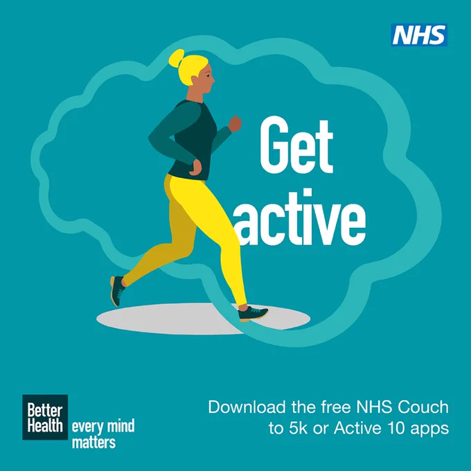 Illustration of a person jogging with the text "Get active." Promotes NHS Couch to 5k or Active 10 apps. Logos include NHS and Better Health.