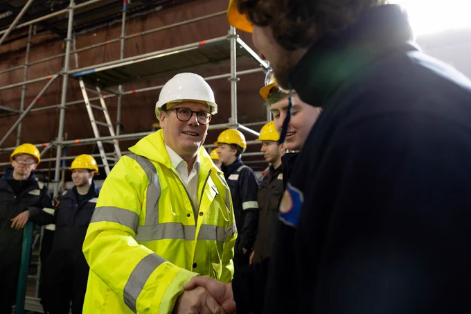 Prime Minister Keir Starmer meets apprentices at Cammell Laird shipbuilding and repair company in Birkenhead, England.