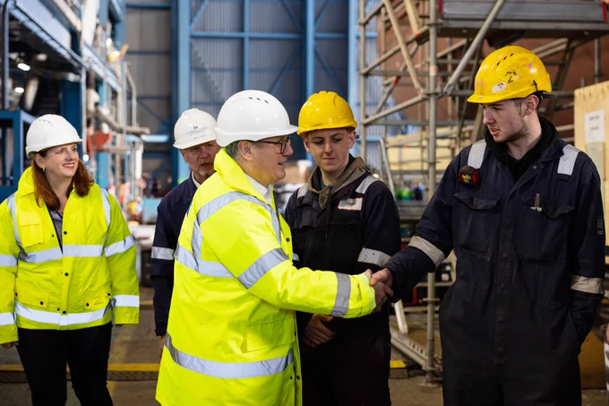 Prime Minister Keir Starmer meets apprentices at Cammell Laird shipbuilding and repair company in Birkenhead, England.